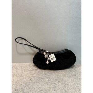 Liz Claiborne Black Faux Fur Pearl Charm Clutch Handbag SLK‎ 363 new